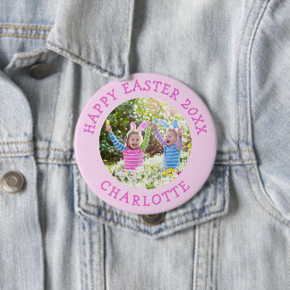 Cute Easter Photo With Girls Pink Name 4 Inch Round Button