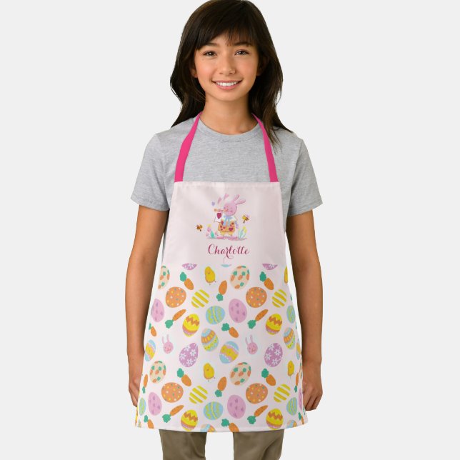 Cute Easter Pink Bunny Garden Egg Pattern Kids Apron (Insitu)