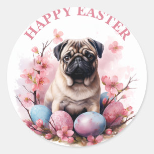 Cute Easter Pug Chocolate Eggs and Flowers - Classic Round Sticker