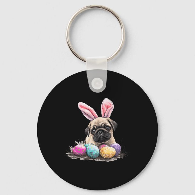 Cute Easter Pug Dog Easter Pug Dog Happy Easter  Keychain (Front)