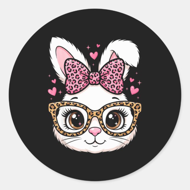 Cute easter rabbit face leopard bow sunglassesCute Classic Round Sticker (Front)