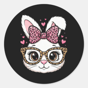 Cute Easter Rabbit Face Leopard Bow Sungles Bunny  Classic Round Sticker