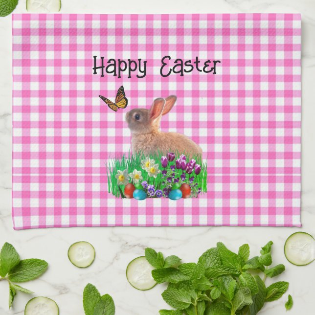 Cute Easter Rabbit on Pink Gingham  Kitchen Towel (Folded)