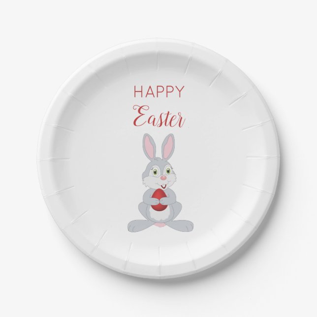 Cute Easter Rabbit Red Easter Egg  Paper Plate (Front)