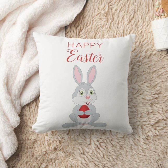 Cute Easter Rabbit Red Easter Egg  Throw Pillow (Blanket)