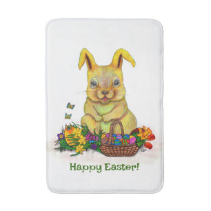 Cute Easter Rabbit with Eggs and Flowers Bath Mat
