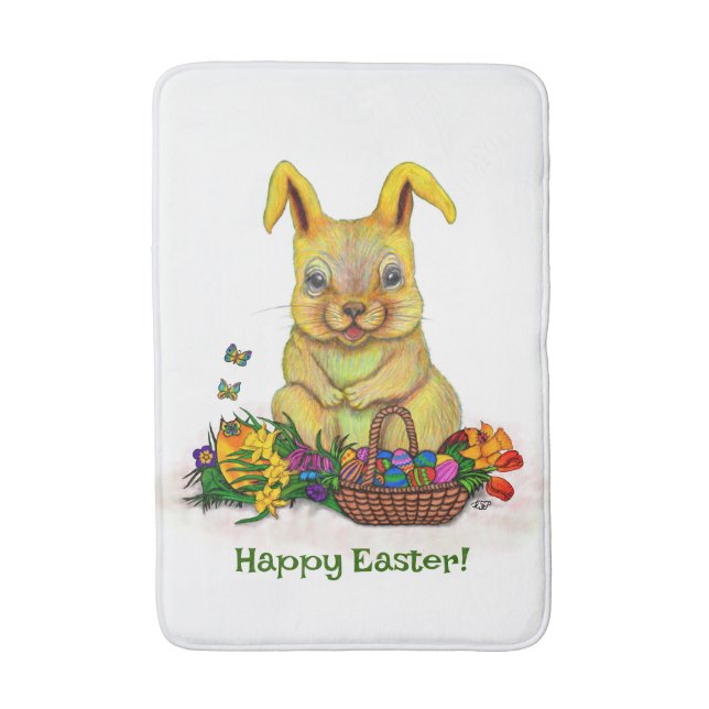 Cute Easter Rabbit with Eggs and Flowers Bath Mat (Front Vertical)
