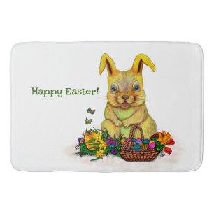 Cute Easter Rabbit with Eggs and Flowers Bath Mat
