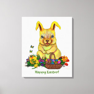 Cute Easter Rabbit with Eggs and Flowers Canvas Print