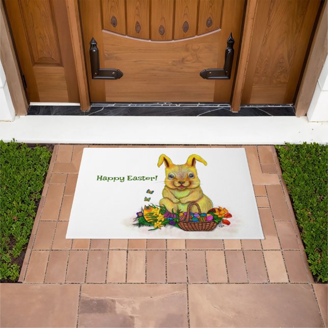 Cute Easter Rabbit with Eggs and Flowers Doormat (Outdoor)