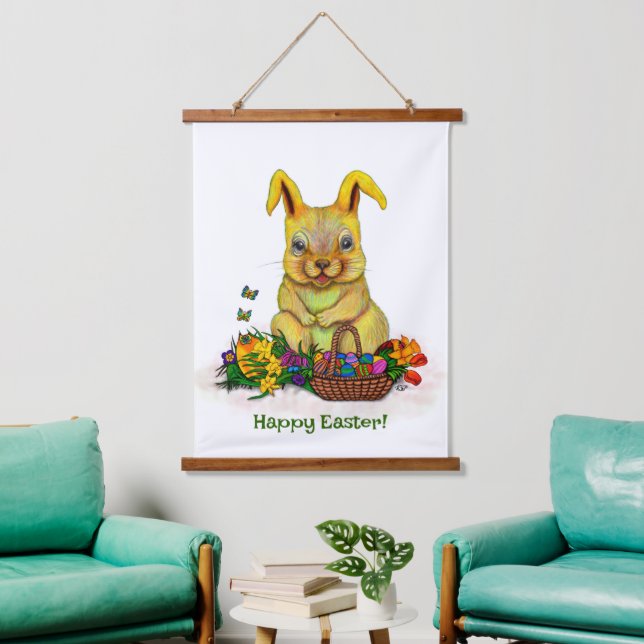 Cute Easter Rabbit with Eggs and Flowers Hanging Tapestry (Living Room)