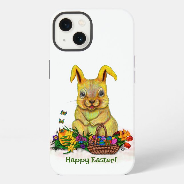 Cute Easter Rabbit with Eggs and Flowers iPhone Case (Back)