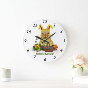 Cute Easter Rabbit with Eggs and Flowers Large Clock