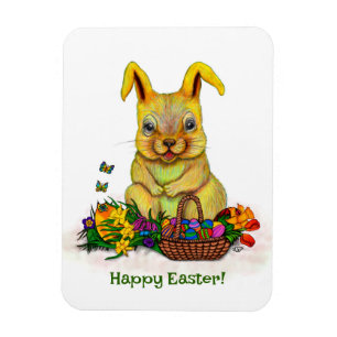 Cute Easter Rabbit with Eggs and Flowers Magnet