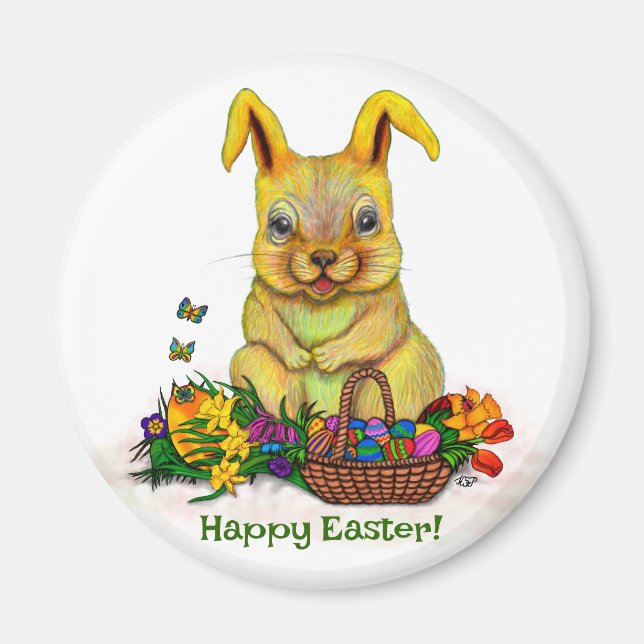 Cute Easter Rabbit with Eggs and Flowers Magnet (Front)