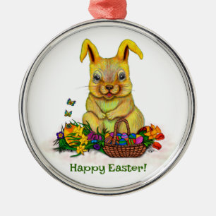 Cute Easter Rabbit with Eggs and Flowers Metal Ornament