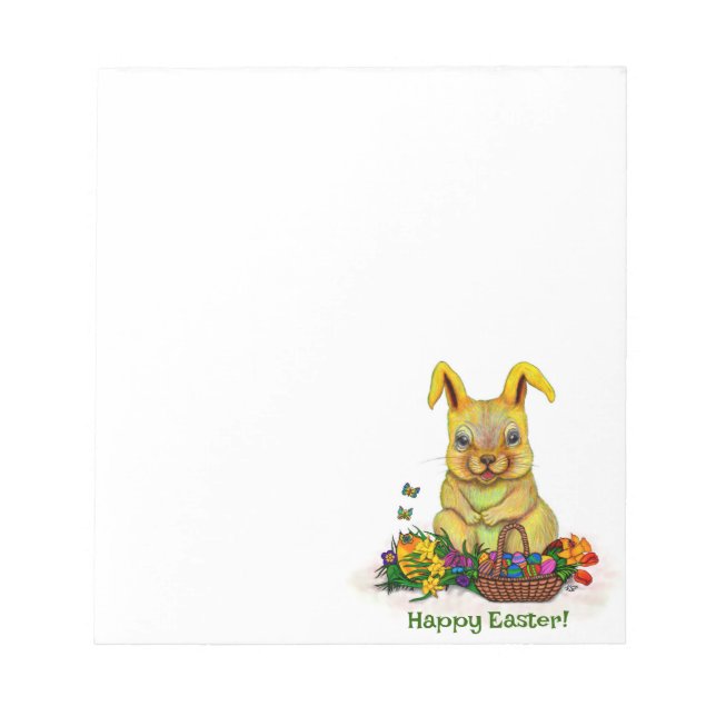 Cute Easter Rabbit with Eggs and Flowers Notepad (Front)