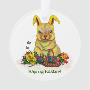 Cute Easter Rabbit with Eggs and Flowers Ornament