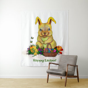 Cute Easter Rabbit with Eggs and Flowers Tapestry