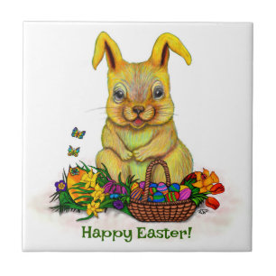 Cute Easter Rabbit with Eggs and Flowers Tile