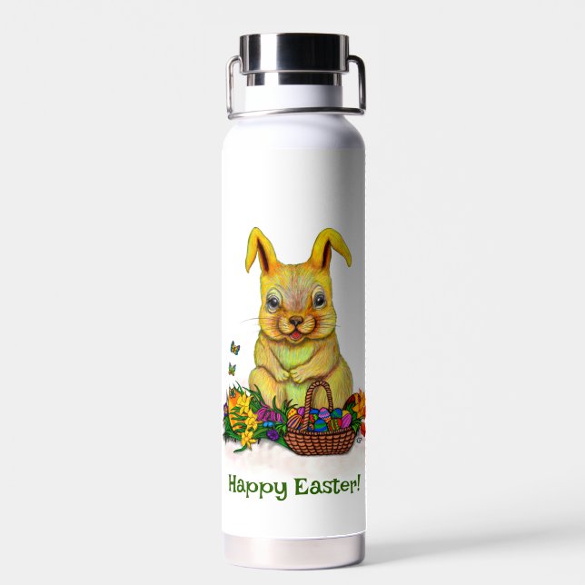 Cute Easter Rabbit with Eggs and Flowers Water Bottle (Back)