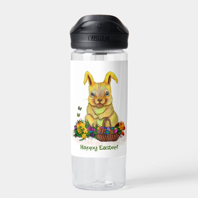 Cute Easter Rabbit with Eggs and Flowers Water Bottle (Back)