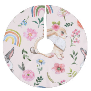 Cute Easter Rabbits Floral Pattern Brushed Polyester Tree Skirt