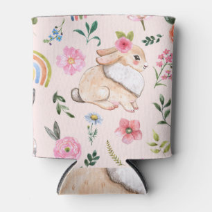 Cute Easter Rabbits Floral Pattern Can Cooler