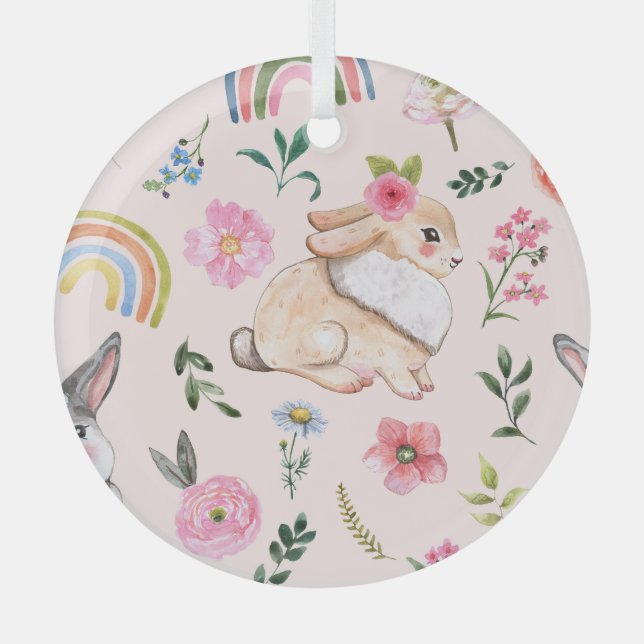 Cute Easter Rabbits Floral Pattern Glass Ornament (Front)