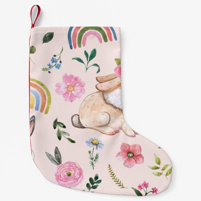 Cute Easter Rabbits Floral Pattern Small Christmas Stocking (Front)