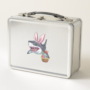 Cute Easter Shark Bunny Ears Basket Eggs Happy Eas Metal Lunch Box