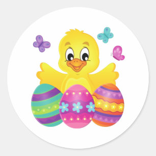 Cute Easter Yellow Chicken with Colourful Eggs  Classic Round Sticker