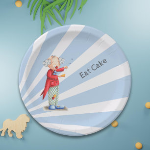 Cute Eat Cake Blue Sunburst with Circus Clown Paper Plate