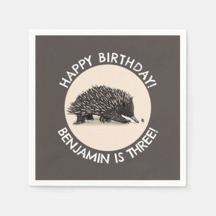 Cute echidna and bee cartoon personalized birthday napkin