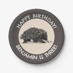 Cute echidna and bee cartoon personalized birthday paper plate