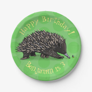 Cute echidna and bee cartoon personalized birthday paper plate