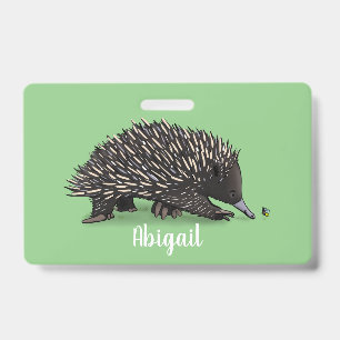 Cute echidna with bee cartoon illustration badge
