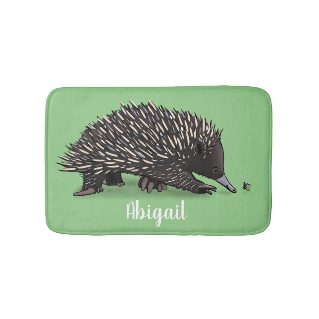 Cute echidna with bee cartoon illustration bath mat (Front)