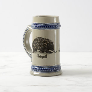 Cute echidna with bee cartoon illustration beer stein