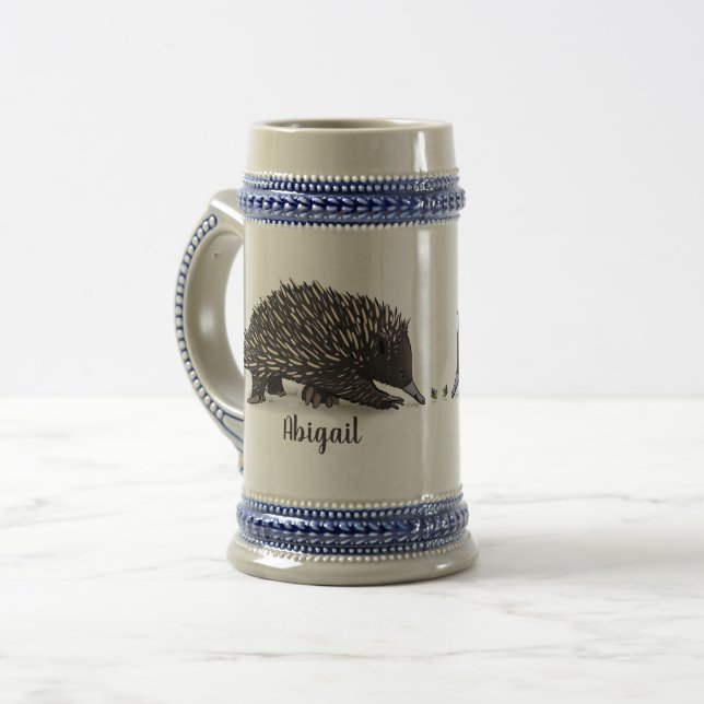 Cute echidna with bee cartoon illustration beer stein (Front Left)