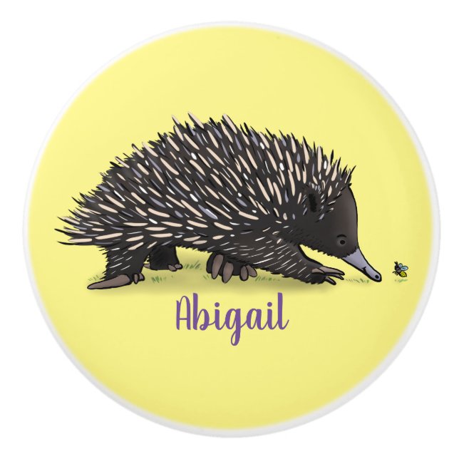 Cute echidna with bee cartoon illustration ceramic knob (Front)