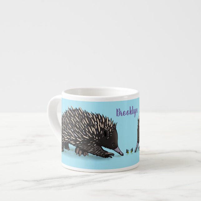 Cute echidna with bee cartoon illustration espresso cup (Front Left)