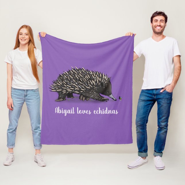 Cute echidna with bee cartoon illustration fleece blanket (In Situ)
