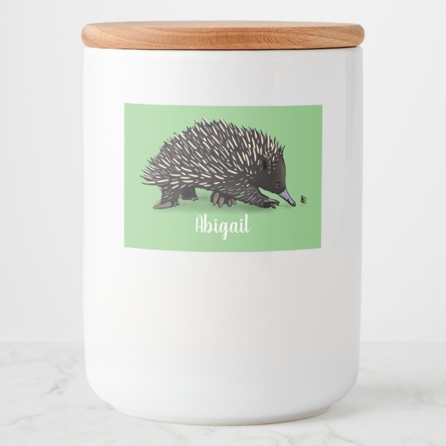 Cute echidna with bee cartoon illustration food label (Front)
