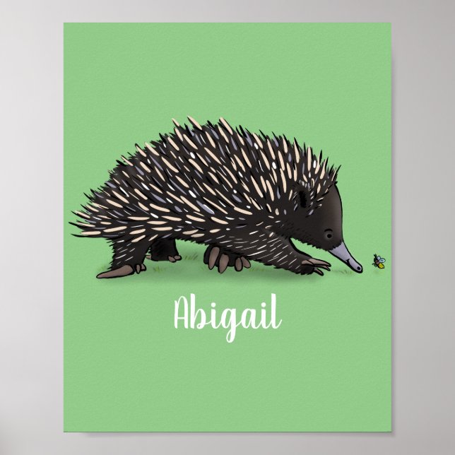 Cute echidna with bee cartoon illustration poster (Front)