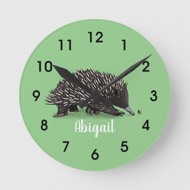 Cute echidna with bee cartoon illustration round clock (Front)