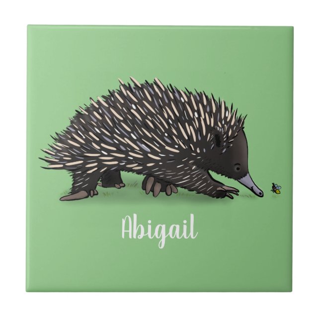 Cute echidna with bee cartoon illustration tile (Front)