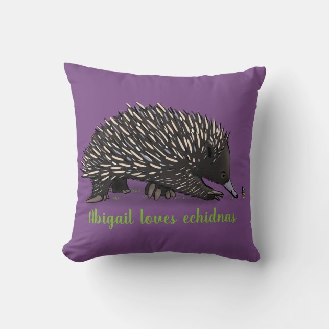 Cute echidna with bee cartoon purple design throw pillow (Front)