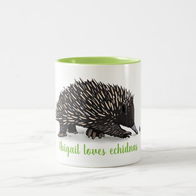 Cute echidna with bug cartoon Two-Tone coffee mug (Center)