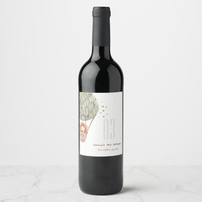 Cute Eco Green Hot Air Balloon Lion Kids Birthday Wine Label (Front)